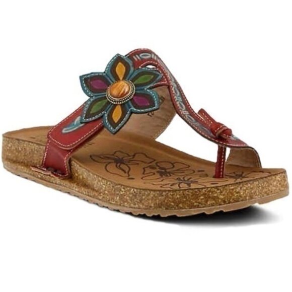 Artisan LArtiste Spring Step Womens Sandals 42 Red & Green Leather Floral Thong - Picture 1 of 8